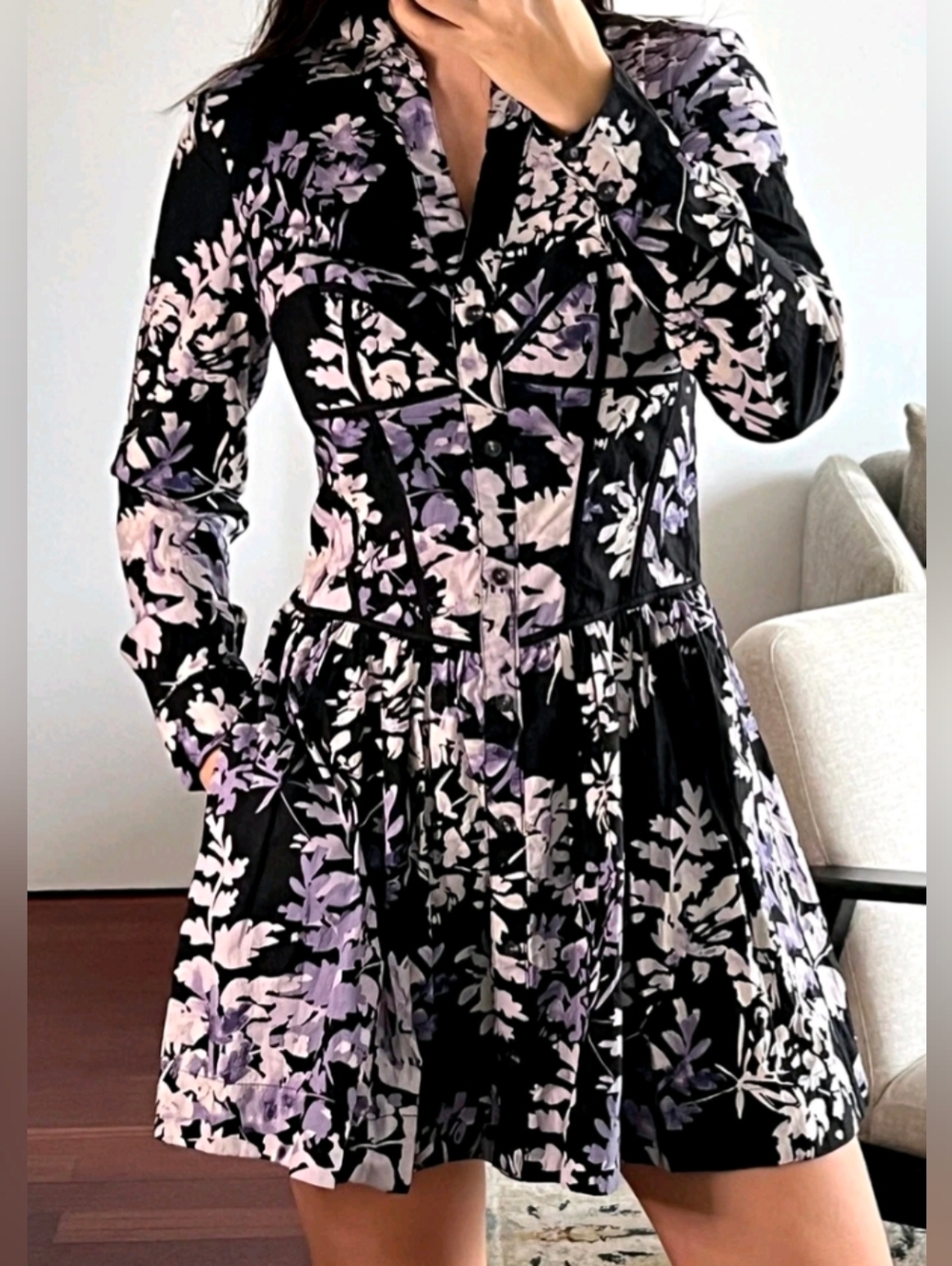 Anthropologie Womens Dress Corset Shirt Mini Long Sleeve Floral Black Size 6 - Picture 1 of 12